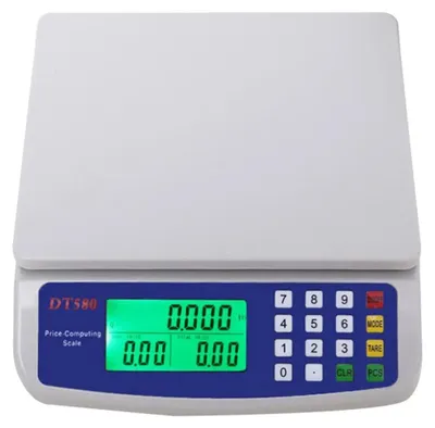 A white and blue digital price computing scale with a green LED display and a numeric keypad.