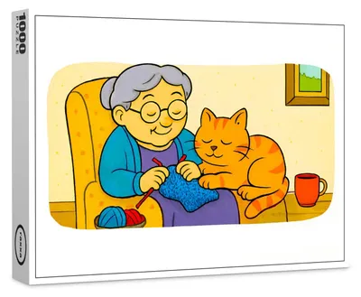 Produktbild von raxxa Premium-Puzzle „Süße Cartoon-Katze ruht sich auf der strickenden Oma aus“, 1000 Teile