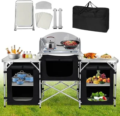 Produktbild von Faltbar Campingschrank Campingküche Klappbar Camping Küche mit Aluminiumgestell Spüle inkl. Tragetasche, Tragbar Campingküche Schrank für Camping Garten Balkon Party Reisen (Type A)