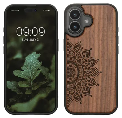 Produktbild von kwmobile Hülle kompatibel mit iPhone 17 Hülle - Holz Case - Handy Cover - TPU Handyhülle in Dunkelbraun Aufgehende Sonne