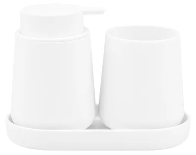Obrázok produktu pre Sada doplnkov do kúpeľne eluno Bad-Accessoires TESERO, 3-dielna, pozostávajúca z: 1 dávkovača mydla, 1 pohára a 1 misky, vyrobená z plastu, farba: biela