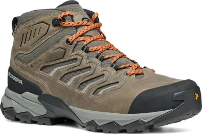 Moraine Mid GTX Trailhiking-Schuh von Scarpa in Grau mit orangefarbenen Schnürsenkeln; ideal für Herren-Wanderschuhe.