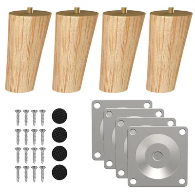 Holz-Möbelfüße 10 cm, 4 Stück, rund, massiv, mit Montageplatten