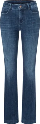 A pair of blue denim jeans is shown against a white background.
