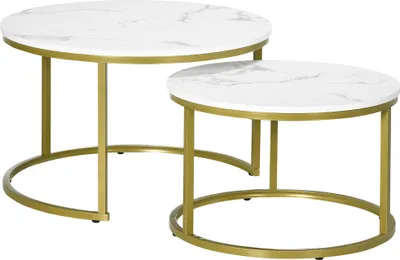 Produktbild von Fortuna Lai 2er-Set Couchtisch, Runder Beistelltisch, Kaffeetisch mit Stahlgestell in Gold, stapelbar Sofatisch mit Marmoroptik, für Wohnzimmer, bis 30 kg belastbar, Weiß