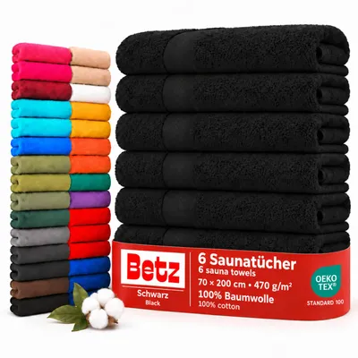 Image de Betz, lot de 6 serviettes de sauna, 70 x 200 cm, qualité PREMIUM, 100% coton. Serviette de bain, serviette de plage, serviette de couchage. Couleur : noir