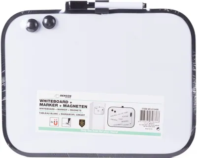 A whiteboard with magnets and a marker, presented in its packaging.