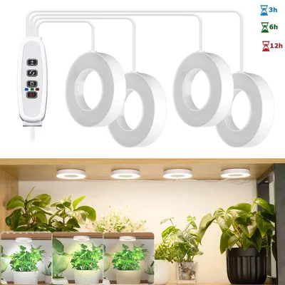 A set of four circular LED grow lights with a controller, shown both hanging and mounted under a shelf with plants.