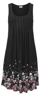 Produktbild von BEACH TIME Strandkleid mit Blumenprint am Saum, lockeres Hängerchenkleid mit Zierfalten schwarz Größe 48