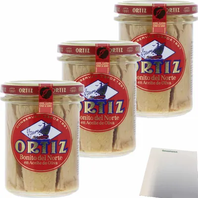 Produktbild von Conservas Ortiz Bonito del Norte, Weißer Thunfisch in Olivenöl 3er Pack (3x220g Glas) + usy Block