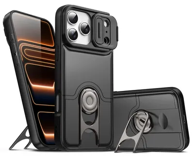 Image de Coque pour iPhone 17 Pro Max avec protection pour l'appareil photo et anneau de fixation/support, coque hybride antichoc, noire