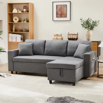 Produktbild von Merax 3-osobowa sofa narożna z funkcją spania, sofa w kształcie litery L z pojemnikiem na pościel, sofa z boczną kieszenią, zestaw wypoczynkowy, ciemnoszary