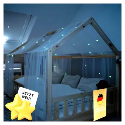 Produktbild von Hausbett mit leuchtenden Sternen - Betthimmel Deko für Kinder - Vorhänge für 90x200 & 120x200 Betten