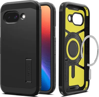 A black phone case with a yellow interior and a silver ring is shown from multiple angles.