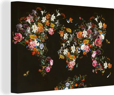 Produktbild von MuchoWow® - Leinwandbilder - Weltkarte - Blumen - Schmetterling - Schwarz, Wandbild, Wanddeko Bilder Wohnzimmer, 60x40 cm