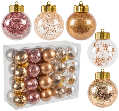 Produktbild von Weihnachtskugeln 6 cm Rosa Gold, 40er Set transparente Christbaumkugeln gefüllt, 5 Designs mit Pailletten Perlen Band, DIY Weihnachtsbaumschmuck