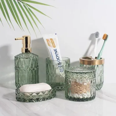 Obrázok produktu pre Ibenzoa® Elegantná sada kúpeľňových doplnkov zo skla v zelenom odtieni s retro vzhľadom pre organizáciu