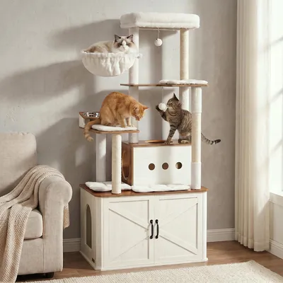 Produktbild von FEANDREA Kratzbaum mit Liegemulde, Katzenbaum 170 cm hoch, Katzenhöhle, Katzenklo-Schrank, braun-weiß