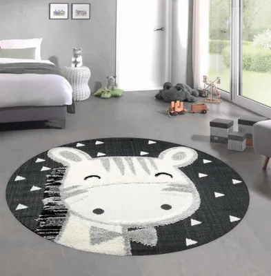 Produktbild von Pferde Kinderzimmer Teppich weiche Baby Spielmatte Hoch Tief Effekt schwarz grau creme Größe - 160 cm Rund