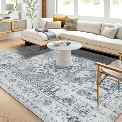 Boho-Teppich 140x200 cm, niedriger Flor, waschbar, rutschfest, Grau