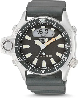 A close-up, front-facing studio shot of a Citizen dive watch.