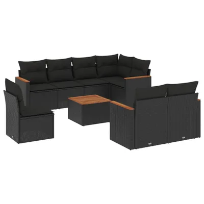 Produktbild von 9-tlg. Garten-Lounge-Set, modulares Outdoor-Sofa mit Akazienholz-Tisch, UV-beständiges Poly Rattan, pulverbeschichteter Stahl, Schwarz