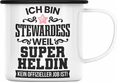 Produktbild von Trendation - Stewardess Emaille Tasse Geschenk für Stewardessin Lustiger Spruch Emaille Emaille Tasse (Schwarz)