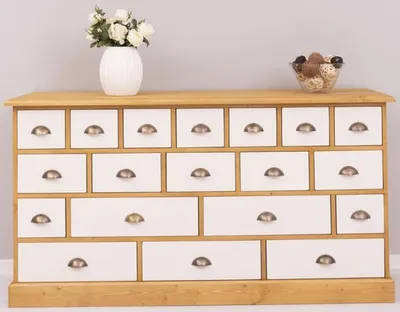 Produktbild von Casa Padrino Landhausstil Kommode Naturfarben / Weiß 180 x 48 x H. 95 cm - Massivholz Schrank mit 19 Schubladen - Landhausstil Möbel - Möbel im Landhausstil - Landhausstil Einrichtung