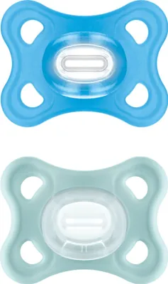 Produktbild von MAM Comfort Schnuller im 2er-Set, 2-12 Monate, ultraweicher und leichter Schnuller für kleine Babys, kiefergerechter Schnuller aus 100% MAM SkinSoft Silikon mit Sterilisierbox, blau/wassergrün
