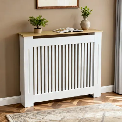 Obrázok produktu pre Kryt na radiátor WISFOR, 112 x 20 x 92,5 cm, MDF, vertikálne lamely, polička s dreveným vzhľadom, ochrana proti prevrhnutiu, kryt na radiátor do obývačky
