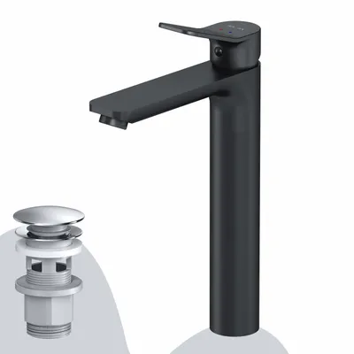 Produktbild von AM.PM Badarmatur Hoch Pop-Up Ablaufventil für Waschbecken Wasserhahn Bad Schwarz Waschtischarmatur mit Ablaufgarnitur 1 1/4 Zoll Messing Ventil Ablauf