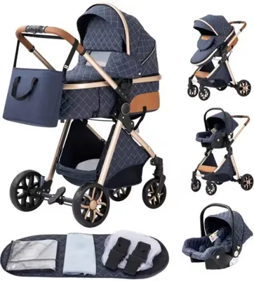 Image de Poussette 3 en 1 - Poussette - Lit bébé - Poussette canne - Siège auto - Pliable - Châssis en aluminium - Bleu - Or