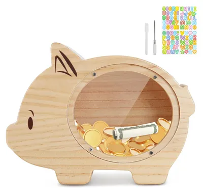 Image de Tirelire pour enfants, avec objectif d'épargne, stylo et autocollants, personnalisable, en bois, réutilisable, pour filles et garçons