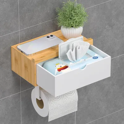 Image de Support de papier toilette avec tablette Bambou Adhésif/à visser