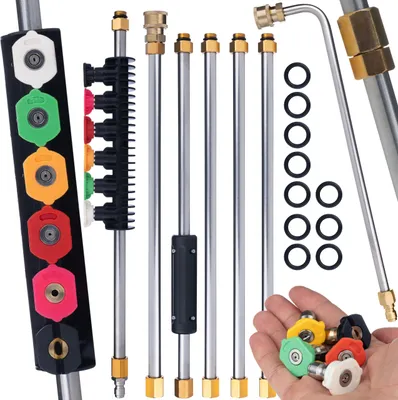 Zdjęcie produktu dla Zestaw 7 lanc / przedłużek do myjki ciśnieniowej w tym zagięta pod kątem 90°+ 5 dysz szybkozłączka 1/4” 250 bar