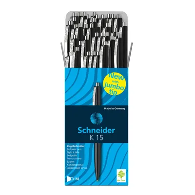 A box of Schneider K15 ballpoint pens with a marketing overlay.