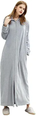 Produktbild von Unyqoos® Langer Damen-Bademantel mit Kapuze & Reißverschluss, flauschiges Flanell (100% Polyester), weich, mit 2 Taschen
