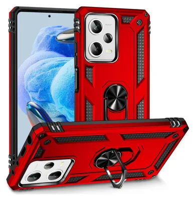 A red phone case with a ring holder is shown from multiple angles against a white background.