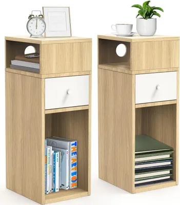 Produktbild von VOUNOT® Nachttisch Schmal  2er Set, Beistelltisch mit 2 offenem Fach & 1 Schublade, 25x30x66cm Natur