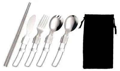 Produktbild von Tragbares Edelstahl Campinggeschirr 5-teilig mit Gabel, Löffel, Essstäbchen und Tasche für Picknick und Outdoor
