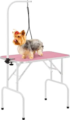Image de Table de toilettage pour chiens, table de grooming pour chiens, table de coiffure pour chiens, table de bain pour chiens, soins du pelage pour caniches, table de tonte pour chiens, réglable en hauteur, antidérapante, capacité de charge jusqu'à 100 kg. Couleur : rose