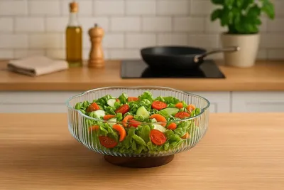 Produktbild von Saladeschale mit blütenförmigem Rand aus geripptem Glas, Holzfuß, 26 cm, 2,7 l