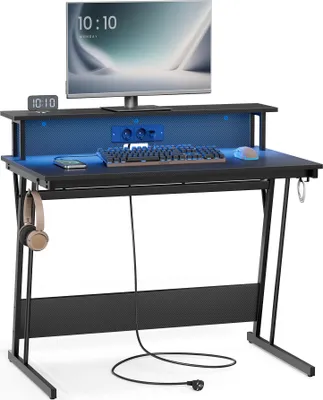 Produktbild von VASAGLE Schreibtisch Gaming Tisch  mit eingebauter Steckdosenleiste Computertisch 100cm schwarz