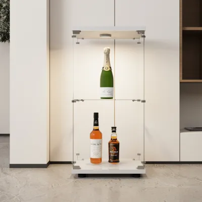 Image de CDGlobal LED vitrine en verre sur pied en blanc, moderne en verre en bois vitrine en verre 2 couches pour les objets de collection livres vin, pour le bureau salon cuisine, 33,93 pouces (H) x 15,8 pouces (L) x 14,37 pouces (L)