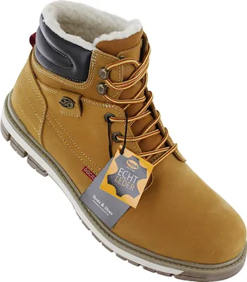 A single tan leather boot with a fur lining is shown against a white background.