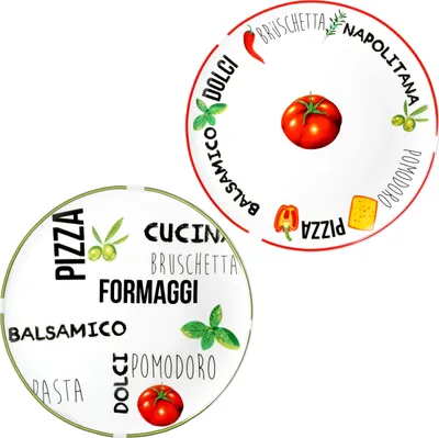 Produktbild von 2er Set Pizzateller Tomate | Weiß mit Dekor Grün & Rot Ø 31cm groß Teller für Pizzen