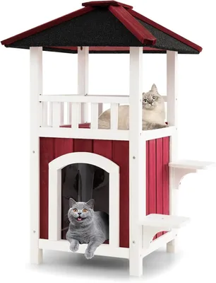 Produktbild von GOPLUS Katzenhaus Lodge mit Terrasse, Outdoor Katzenhütte mit Asphaltdach, Sprungplattformen & PVC-Türvorhang, wetterfeste Katzenvilla, 58 × 50 × 87cm