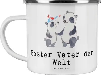 Produktbild von Mr. & Mrs. Panda Emaille Becher Panda Bester Vater der Welt - Weiß - Geschenk, Paps, Pott, Kleinigkeit, Haferl, Tasse, Familie, Dankeschön, Emailletasse, Eltern, Papa