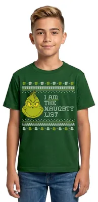 Produktbild von Spreadshirt Der Grinch Ugly Christmas I Am The Naughty List Teenager T-Shirt, 134/146 (9-11 Jahre), Forstgrün