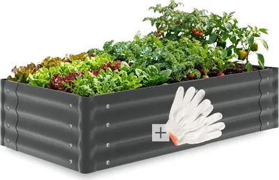 Produktbild von tectake Hochbeet Salvia verzinkter Stahl 120x60x30cm 200L Pflanzkasten Gemüsebeet Kräuterbeet Gartenbeet offener Boden Handschuhe